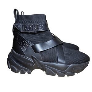 Michael Kors Nick Leather Strap Knit Trainer High Top Black Optic US W 10-10.5